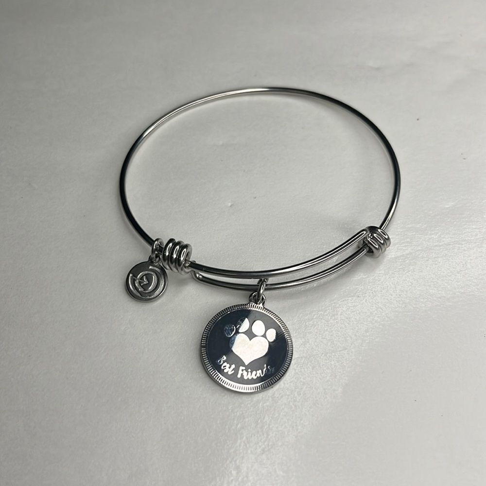 Best Friend Paw Print Heart Bangle Silver Tone Expandable Charm Bracelet